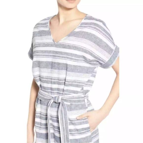 Madewell Striped Chambray Perimeter Romper Linen Blend Size Blue White Large - Picture 3 of 15